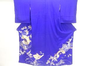 アンティーク　錦紗三ツ扇に花模様刺繍着物